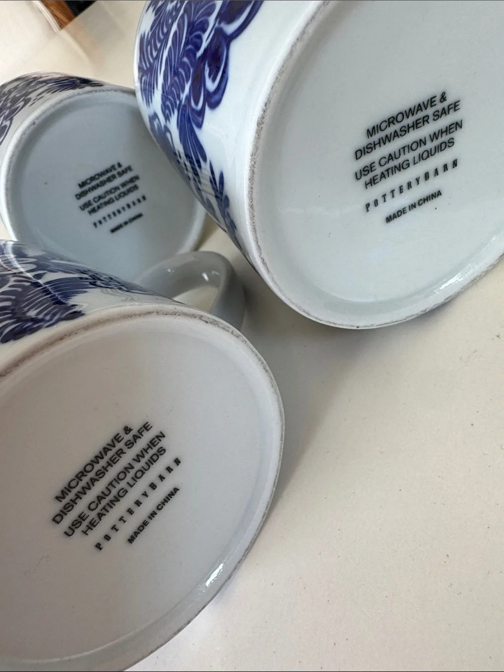 Rare Discontinued Pottery Barn Elsie White With Blue Floral Bird Set Of 3 mugs